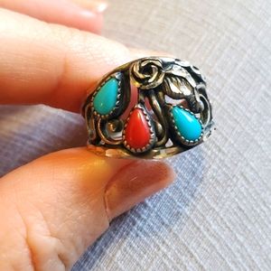 Native ring sterling silver 8.5 vintage 1970 925 turqoise coral